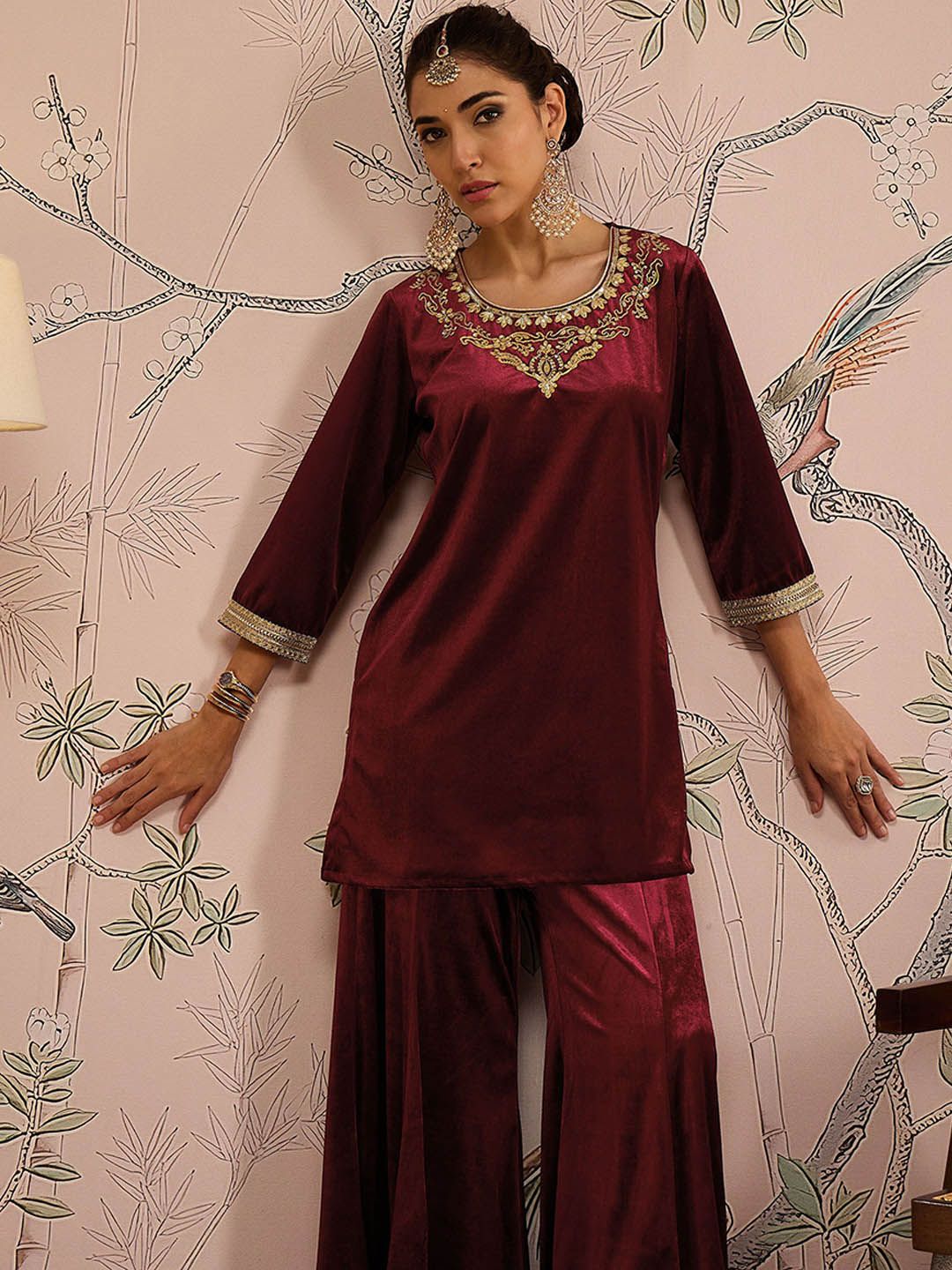 Floral Yoke Design Velvet Kurti with Trouser