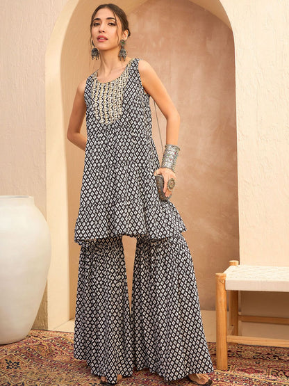 Geometric Printed Tiered A-Line Kurti with Sharara