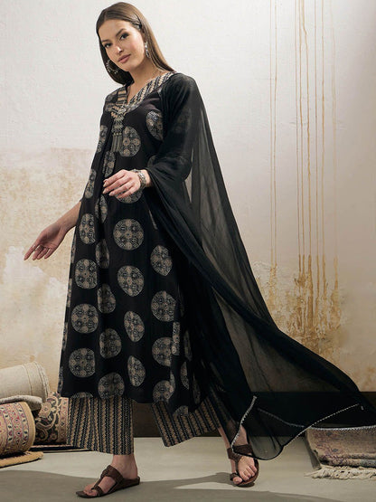 Geometric Printed V-Neck A-Line Pure Cotton Kurta With Palazzo & Dupatta