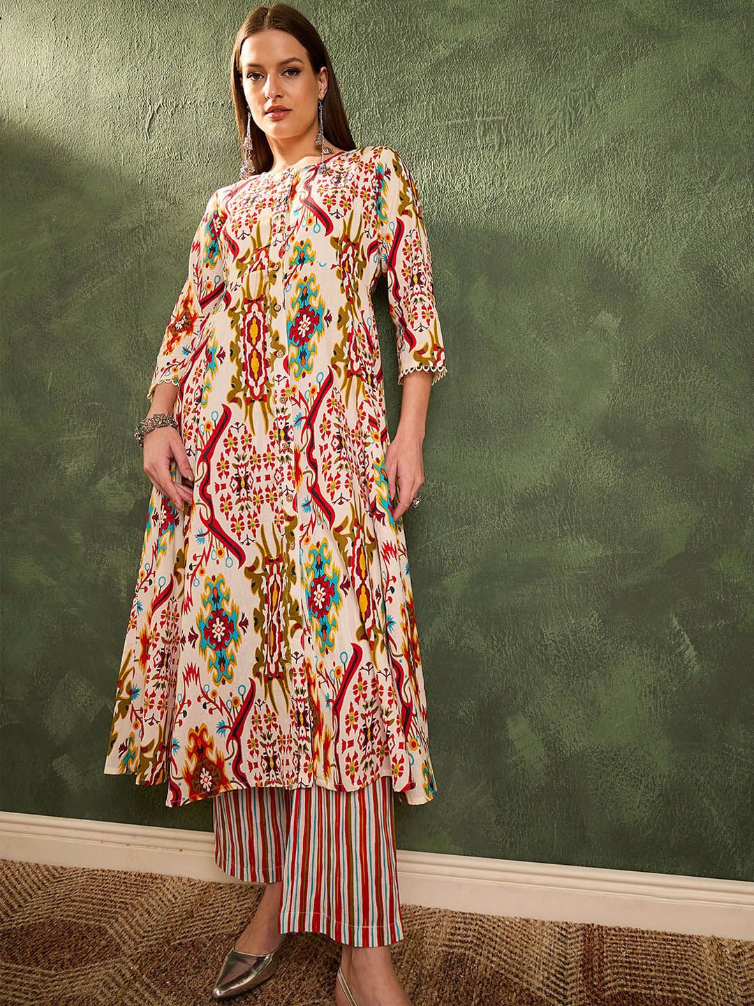 Ikat Abstract Printed Pure Cotton Flared Kurta With Trousers