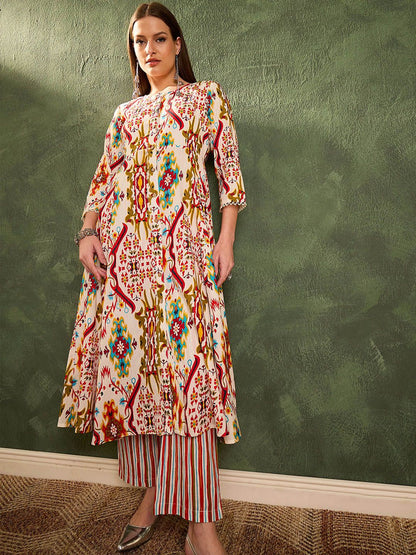 Ikat Abstract Printed Pure Cotton Flared Kurta With Trousers