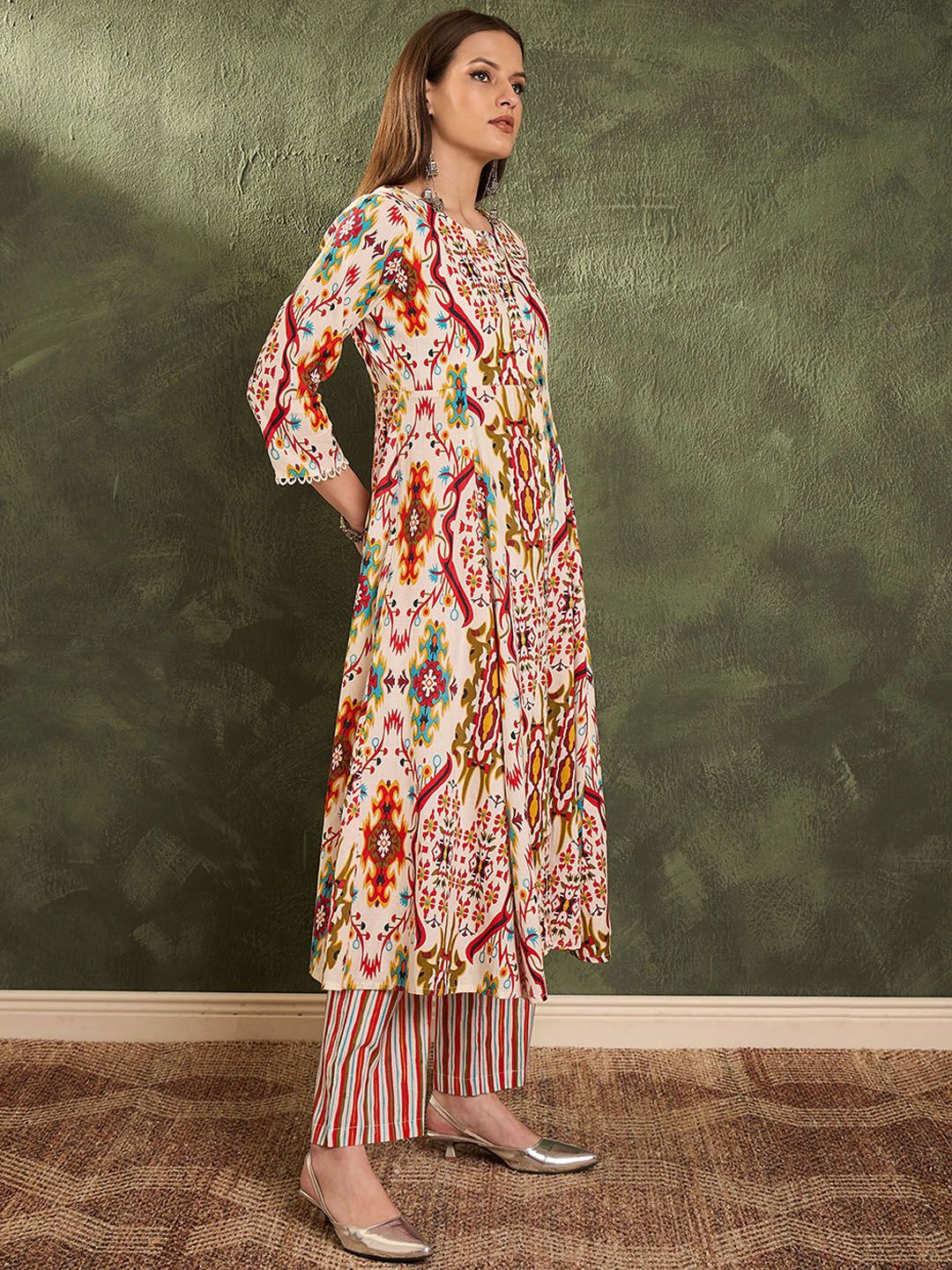 Ikat Abstract Printed Pure Cotton Flared Kurta With Trousers