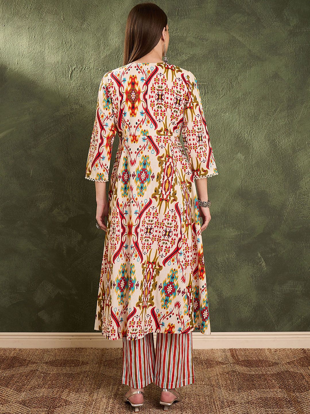 Ikat Abstract Printed Pure Cotton Flared Kurta With Trousers