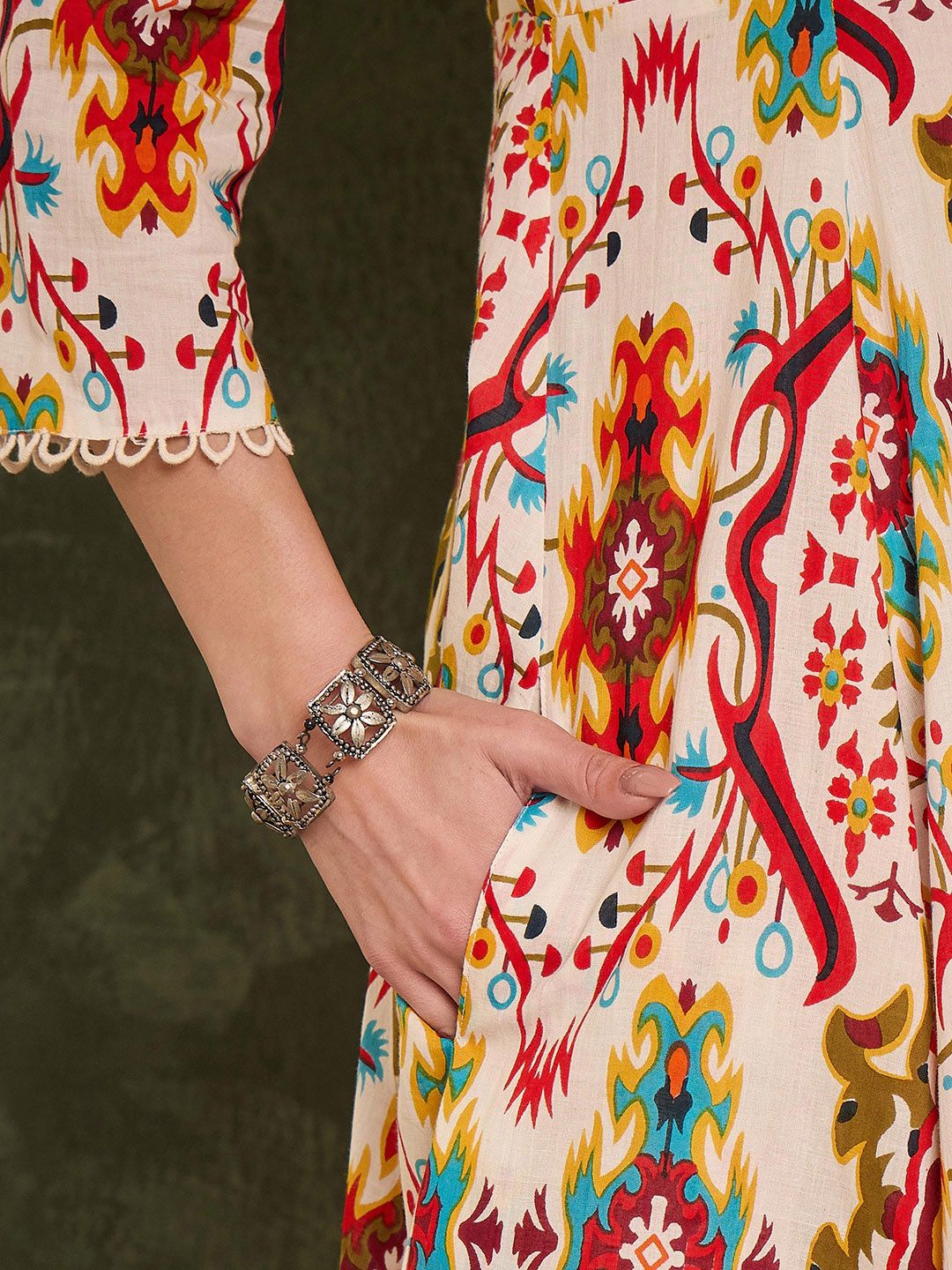 Ikat Abstract Printed Pure Cotton Flared Kurta With Trousers