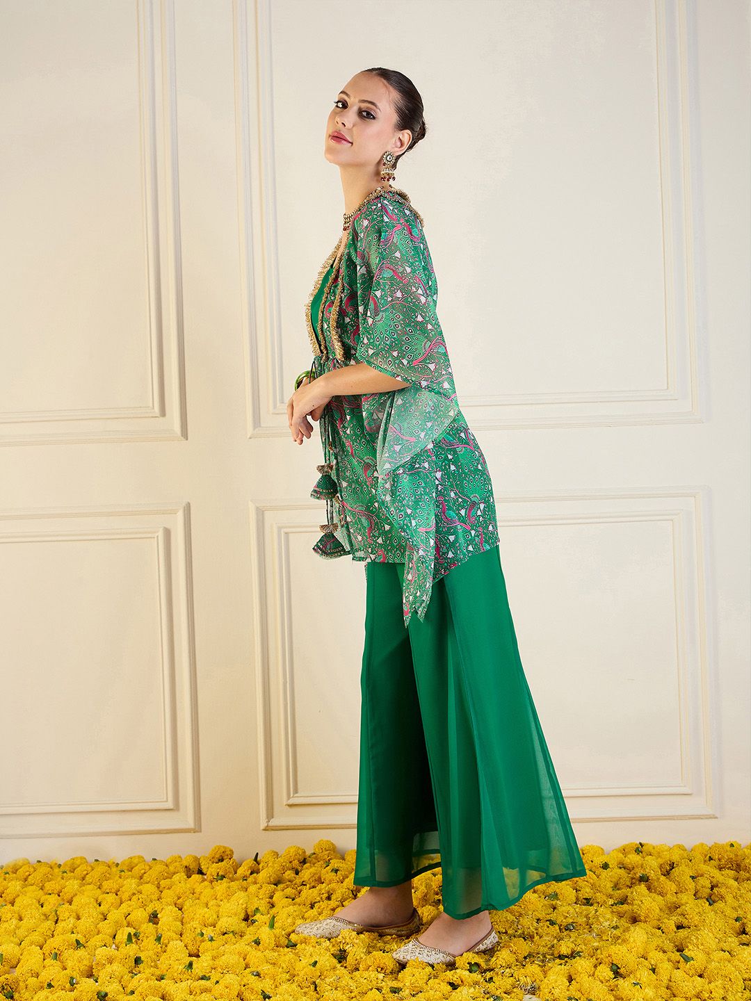 Printed Short Sleeve Shrug Top & Palazzos Co-Ords