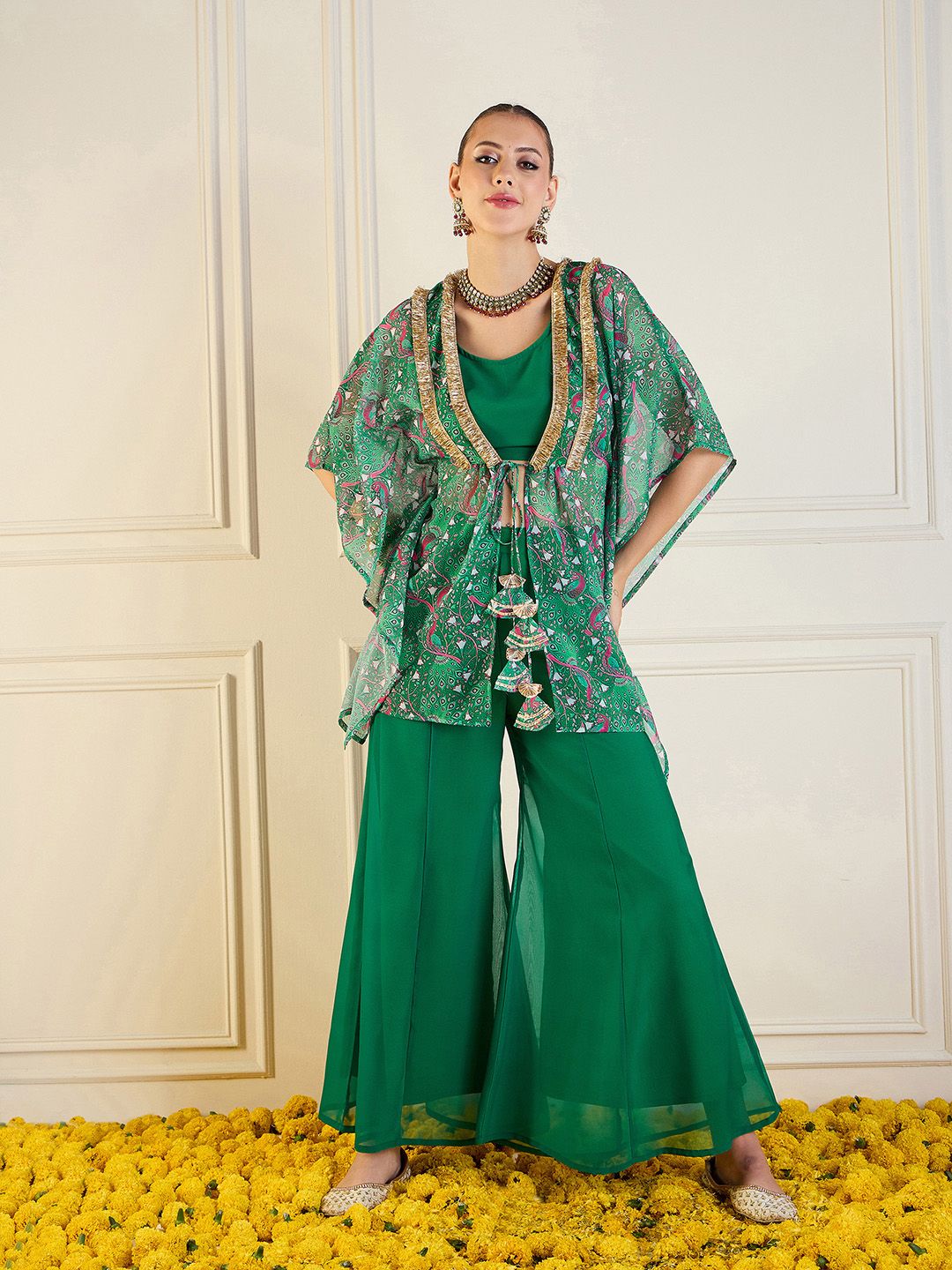 Printed Short Sleeve Shrug Top & Palazzos Co-Ords