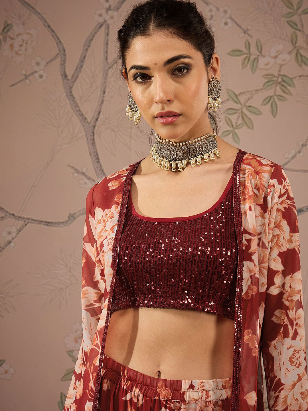 Sequined Crop Top With Sharara & Shrug