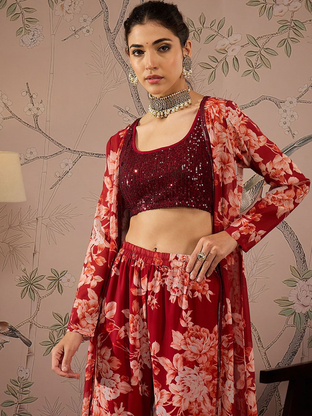Sequined Crop Top With Sharara & Shrug
