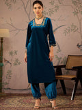 Square Neck Three-Quarter Sleeves Regular Thread Work Velvet Kurta