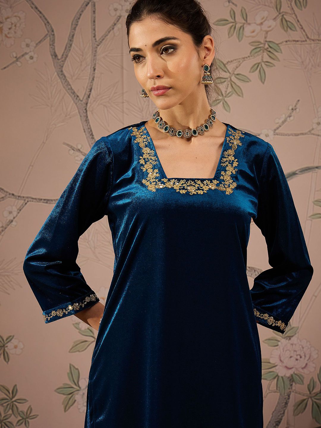 Square Neck Three-Quarter Sleeves Regular Thread Work Velvet Kurta
