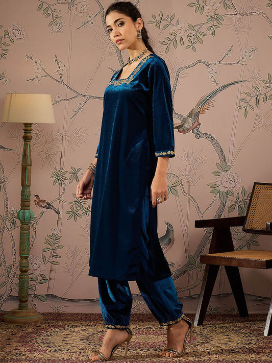 Square Neck Three-Quarter Sleeves Regular Thread Work Velvet Kurta