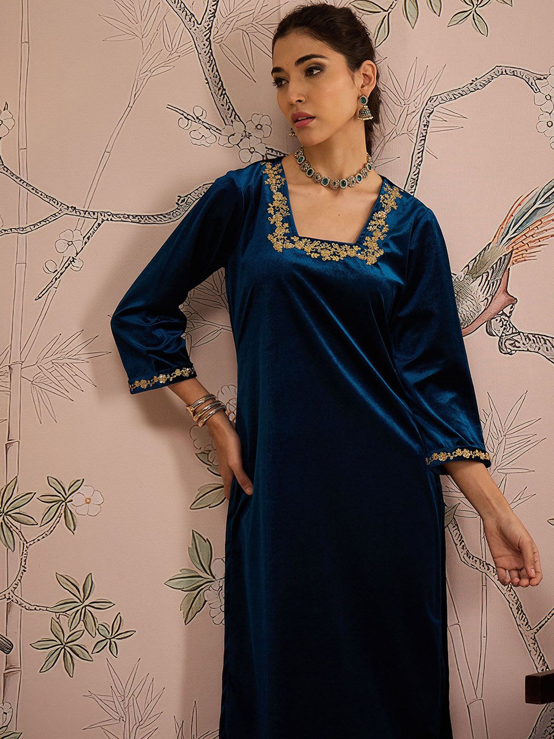 Square Neck Three-Quarter Sleeves Regular Thread Work Velvet Kurta