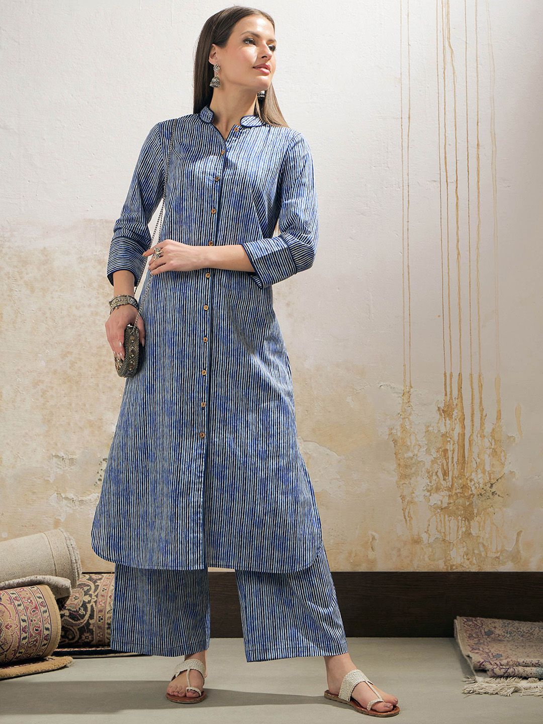 Striped Mandarin Collar Cambric Cotton Straight Kurta With Palazzo