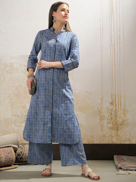 Striped Mandarin Collar Cambric Cotton Straight Kurta With Palazzo