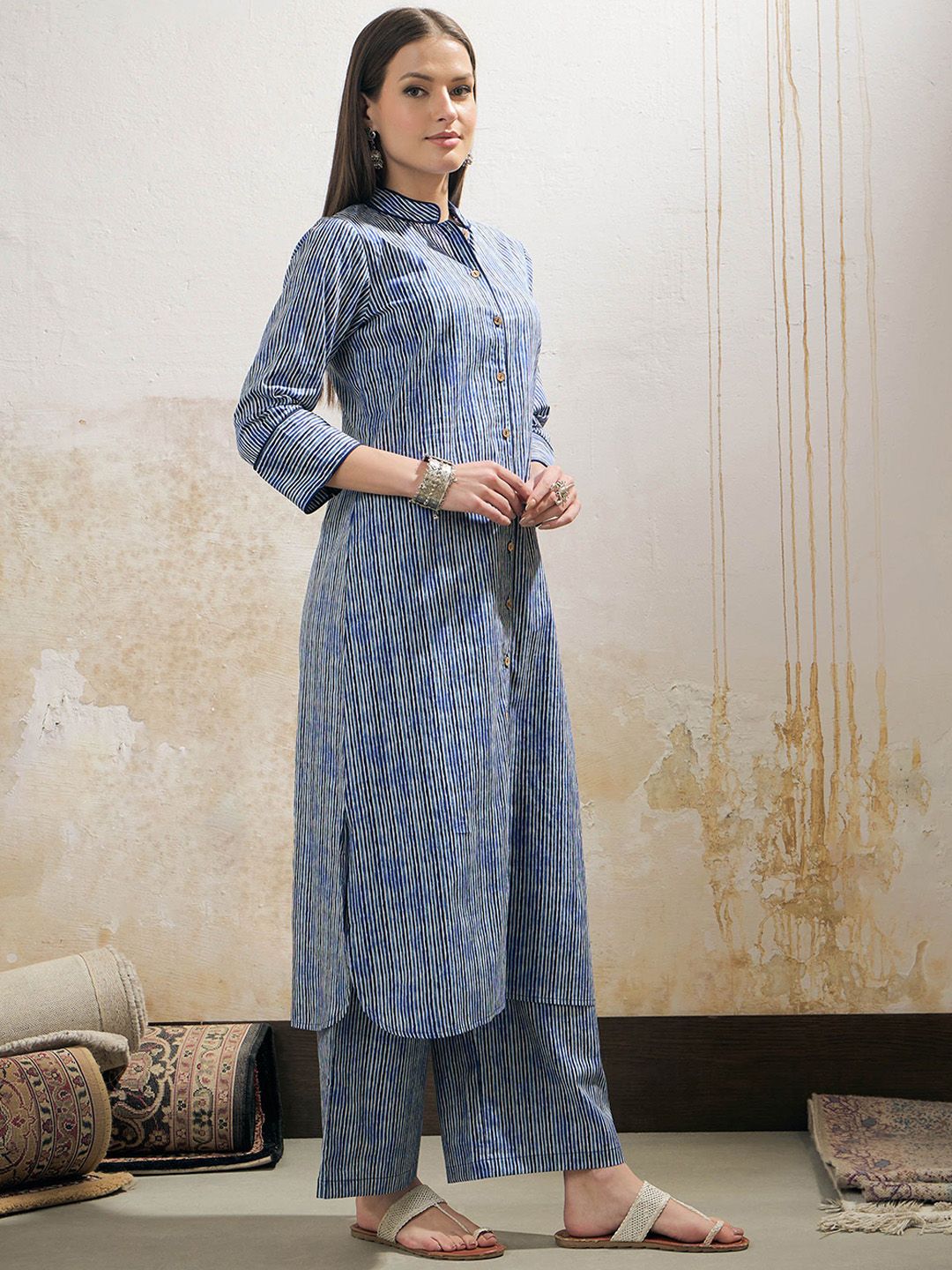 Striped Mandarin Collar Cambric Cotton Straight Kurta With Palazzo