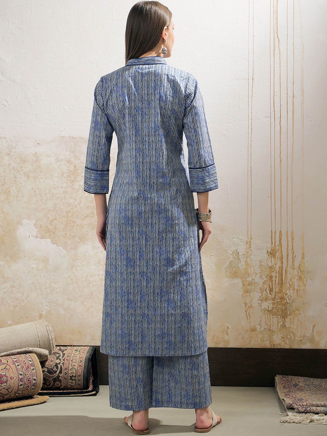 Striped Mandarin Collar Cambric Cotton Straight Kurta With Palazzo