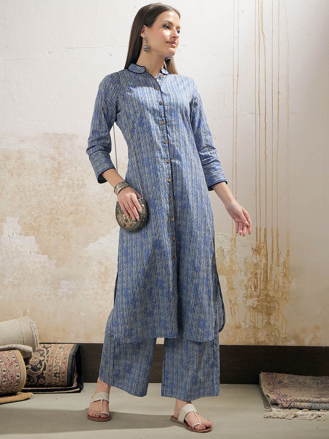 Striped Mandarin Collar Cambric Cotton Straight Kurta With Palazzo