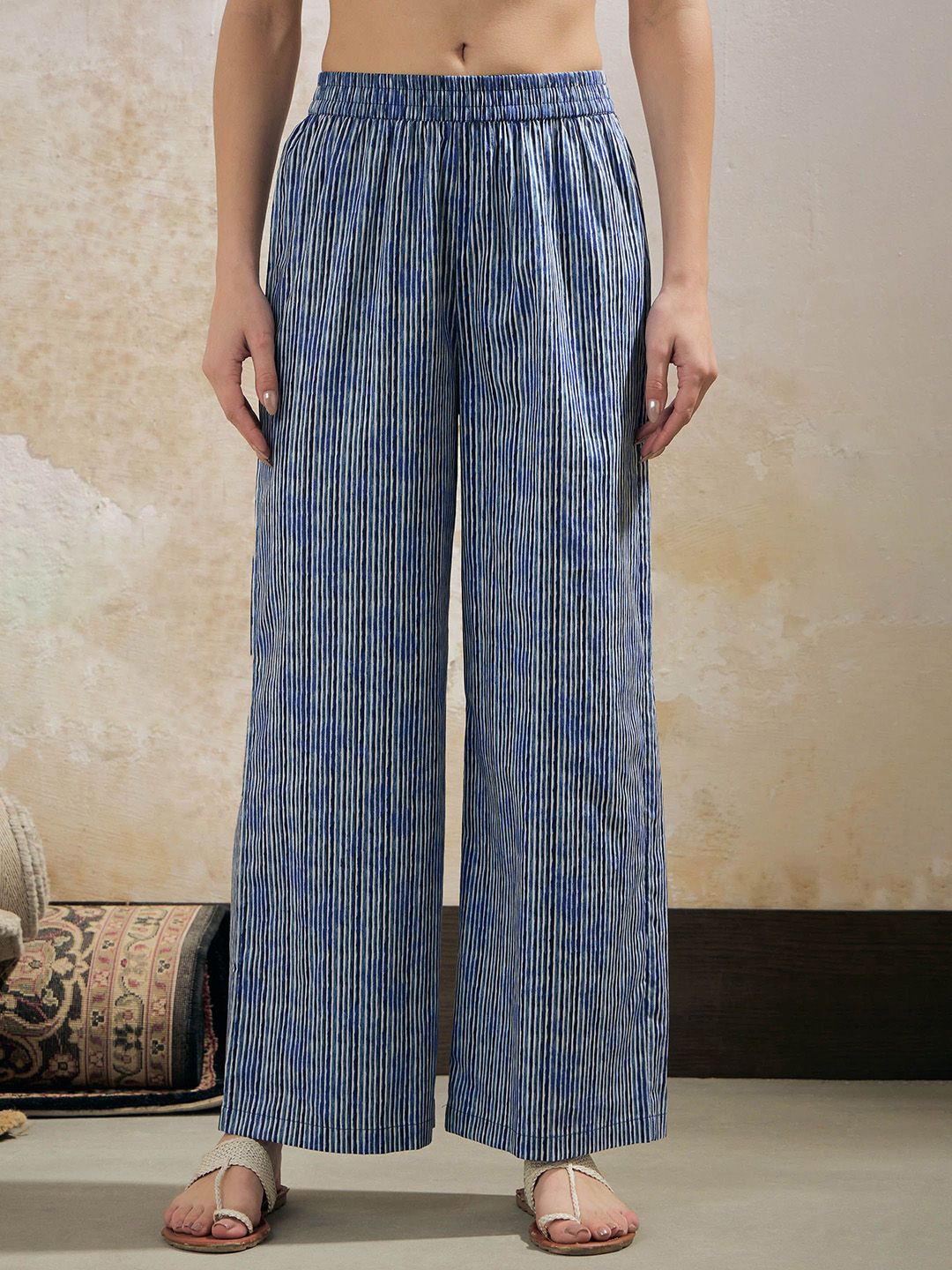 Striped Mandarin Collar Cambric Cotton Straight Kurta With Palazzo