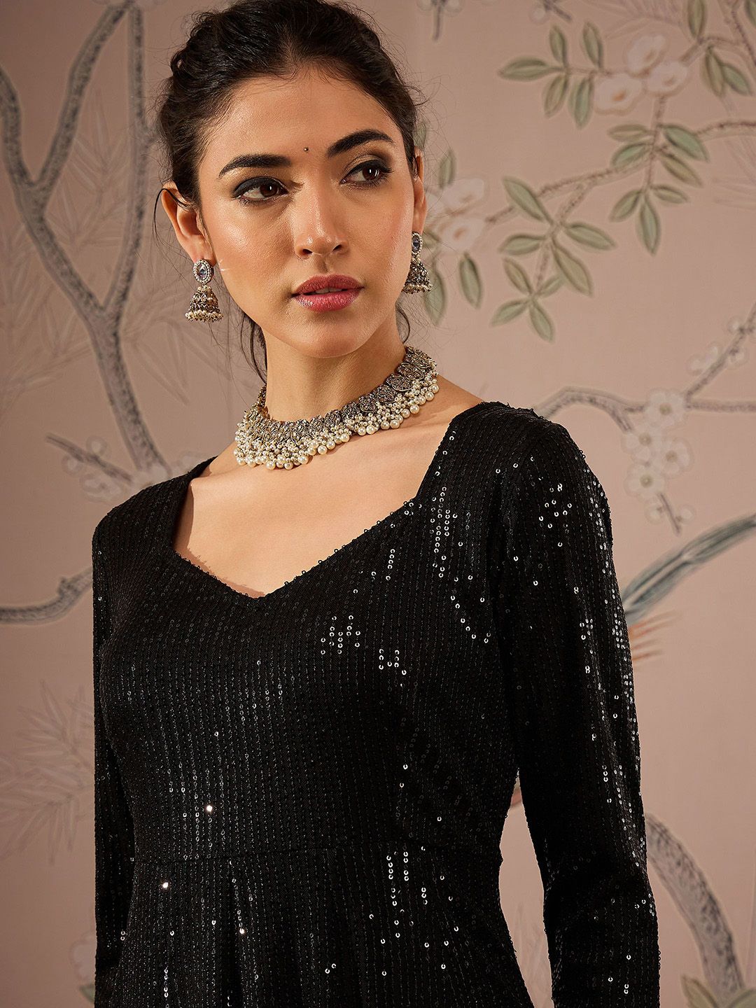 Striped Round Neck Long Sleeves Regular Sequinned Anarkali Kurta