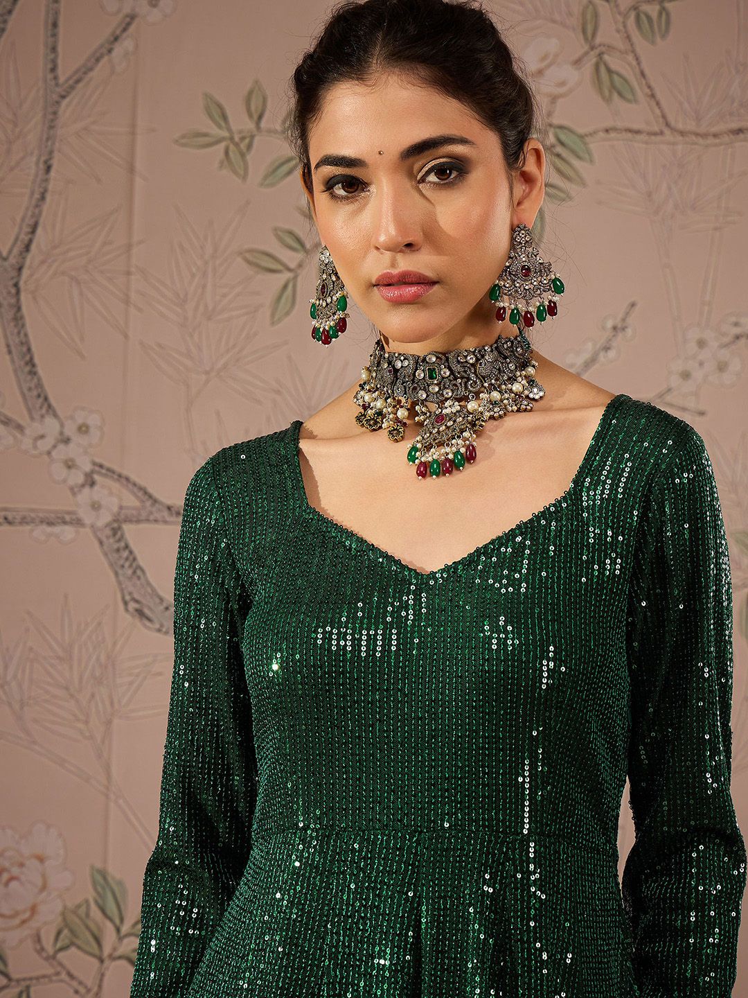 Striped Round Neck Long Sleeves Regular Sequinned Anarkali Kurta
