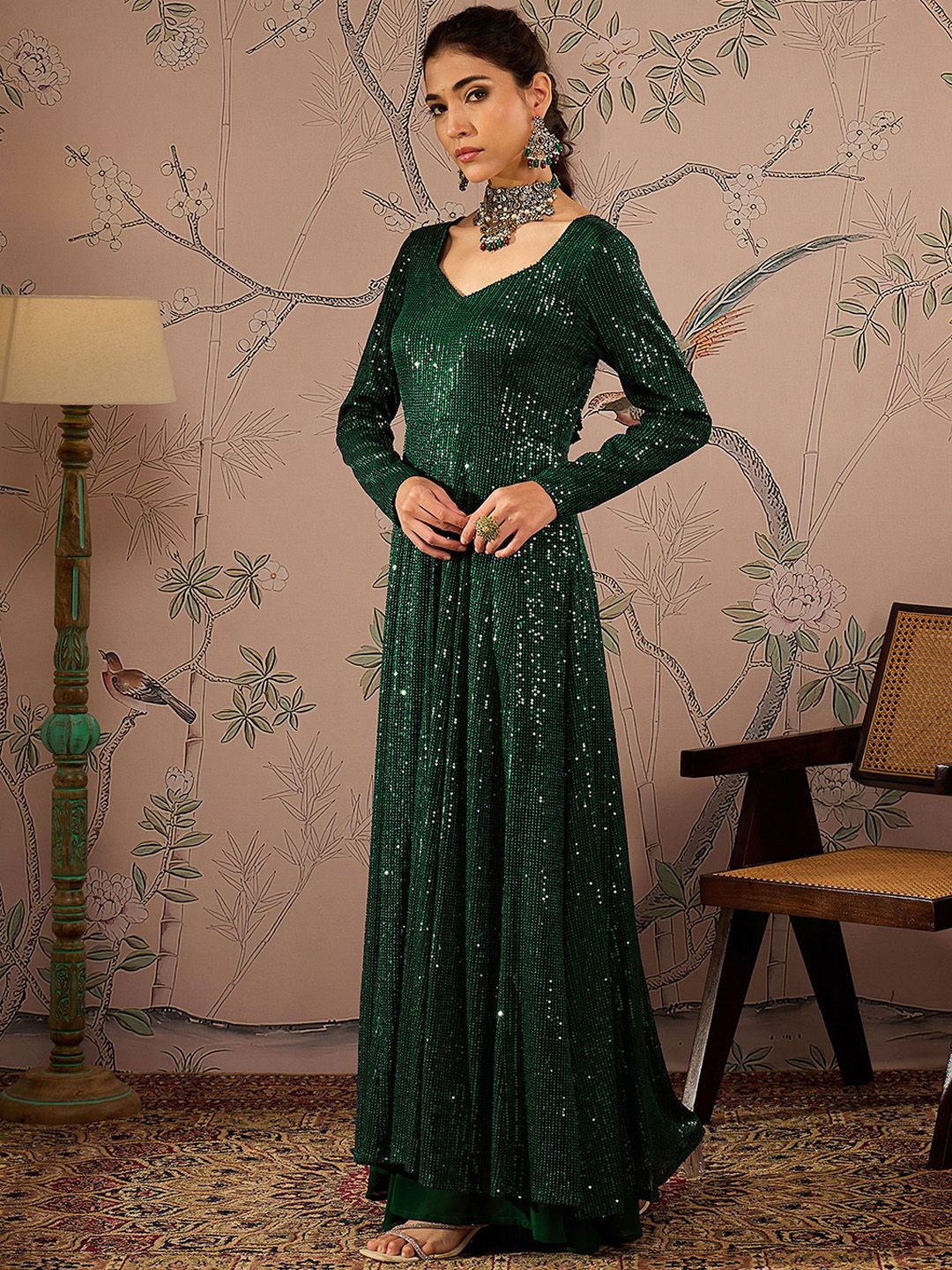 Striped Round Neck Long Sleeves Regular Sequinned Anarkali Kurta