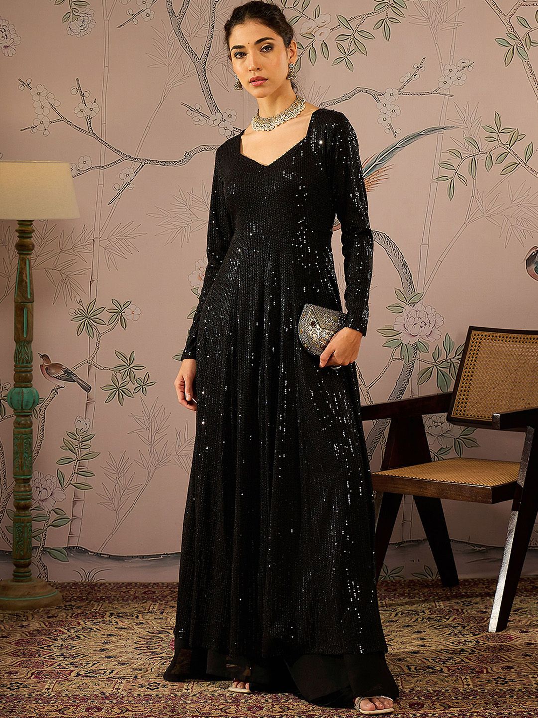 Striped Round Neck Long Sleeves Regular Sequinned Anarkali Kurta