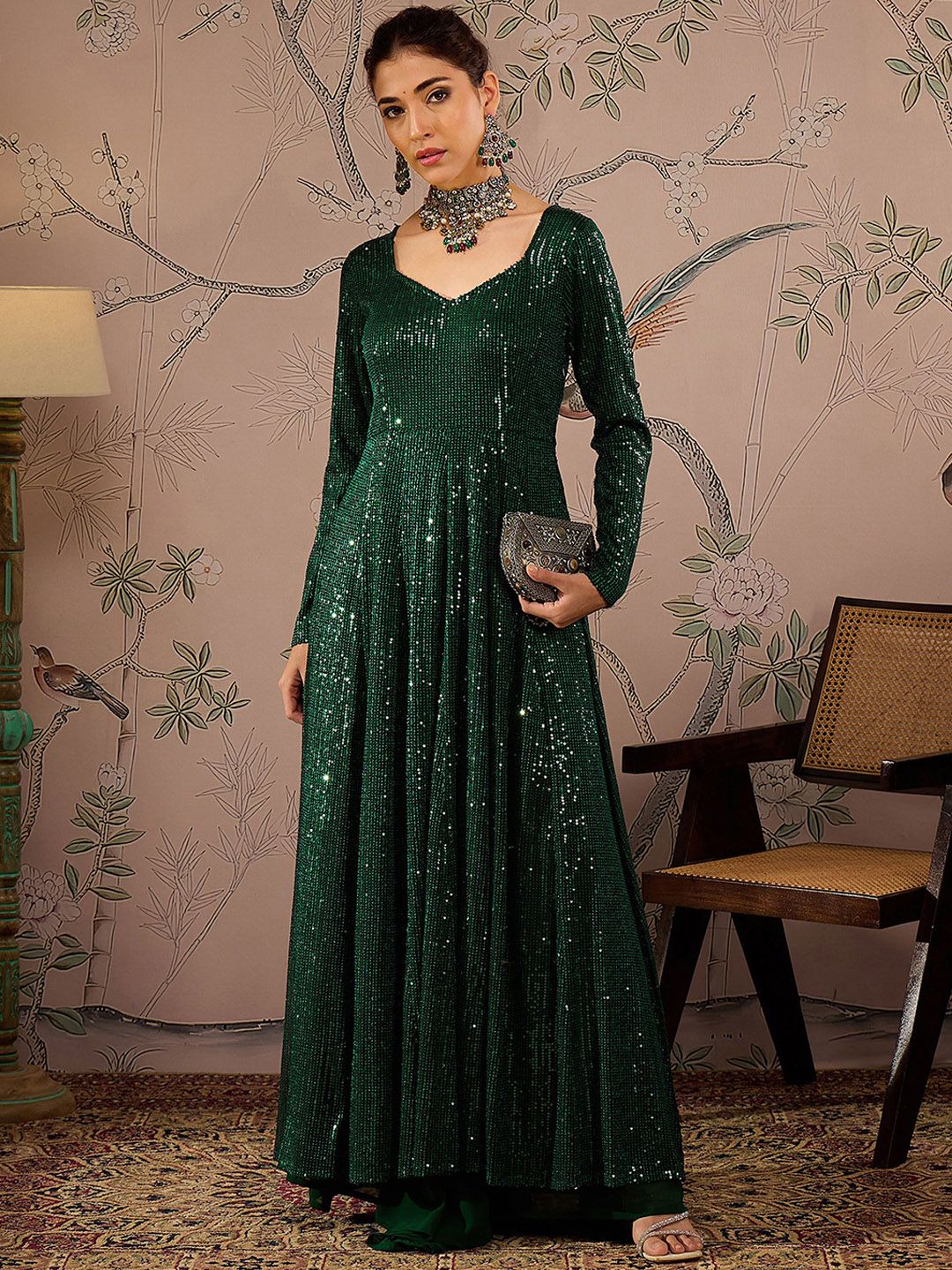 Striped Round Neck Long Sleeves Regular Sequinned Anarkali Kurta