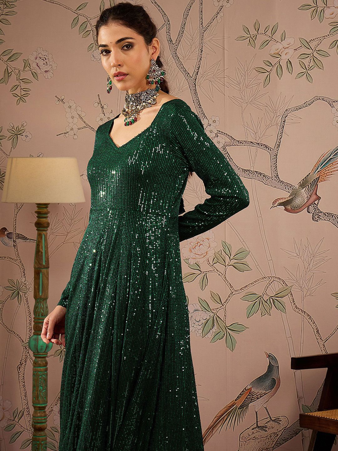 Striped Round Neck Long Sleeves Regular Sequinned Anarkali Kurta