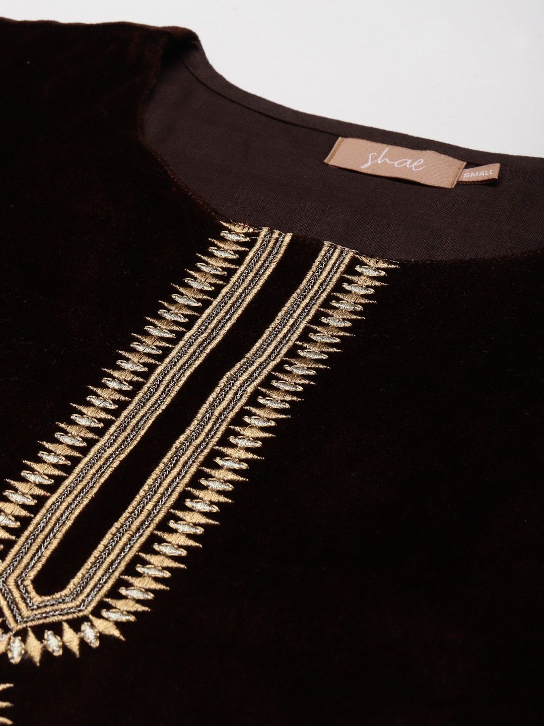 Women Brown & Gold-Toned Ethnic Motifs Embroidered Velvet Kurta