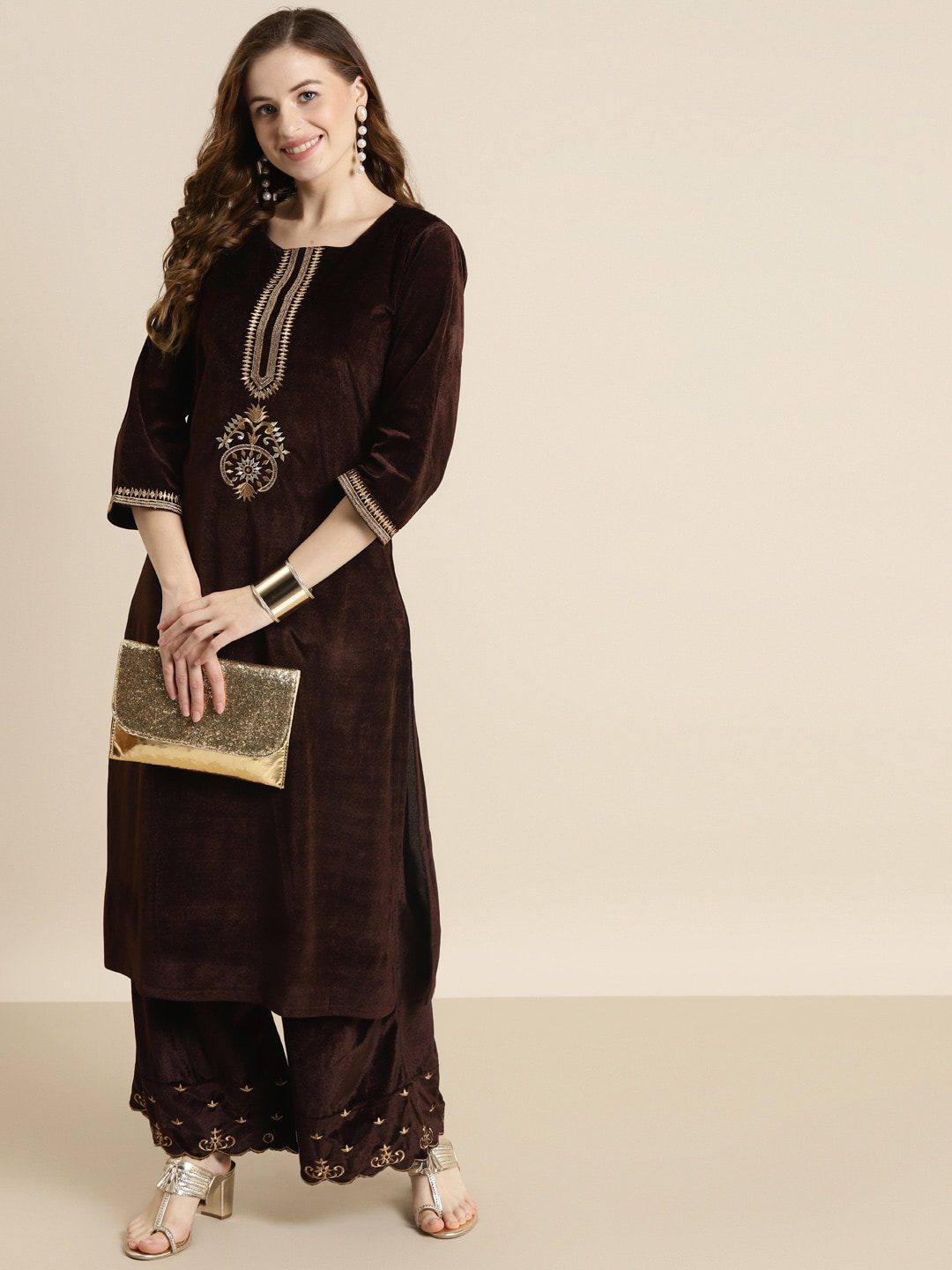 Women Brown & Gold-Toned Ethnic Motifs Embroidered Velvet Kurta