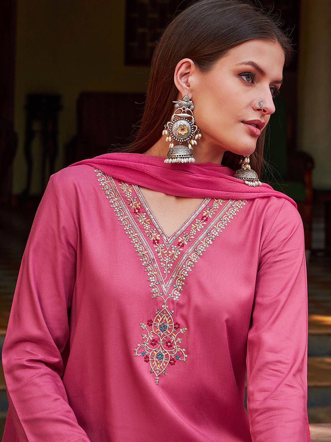 Women Embroidered Palazzos & With Dupatta Kurta Sets