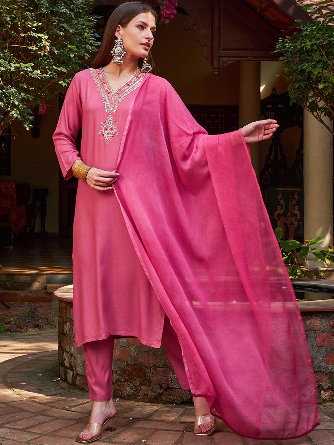 Women Embroidered Palazzos & With Dupatta Kurta Sets