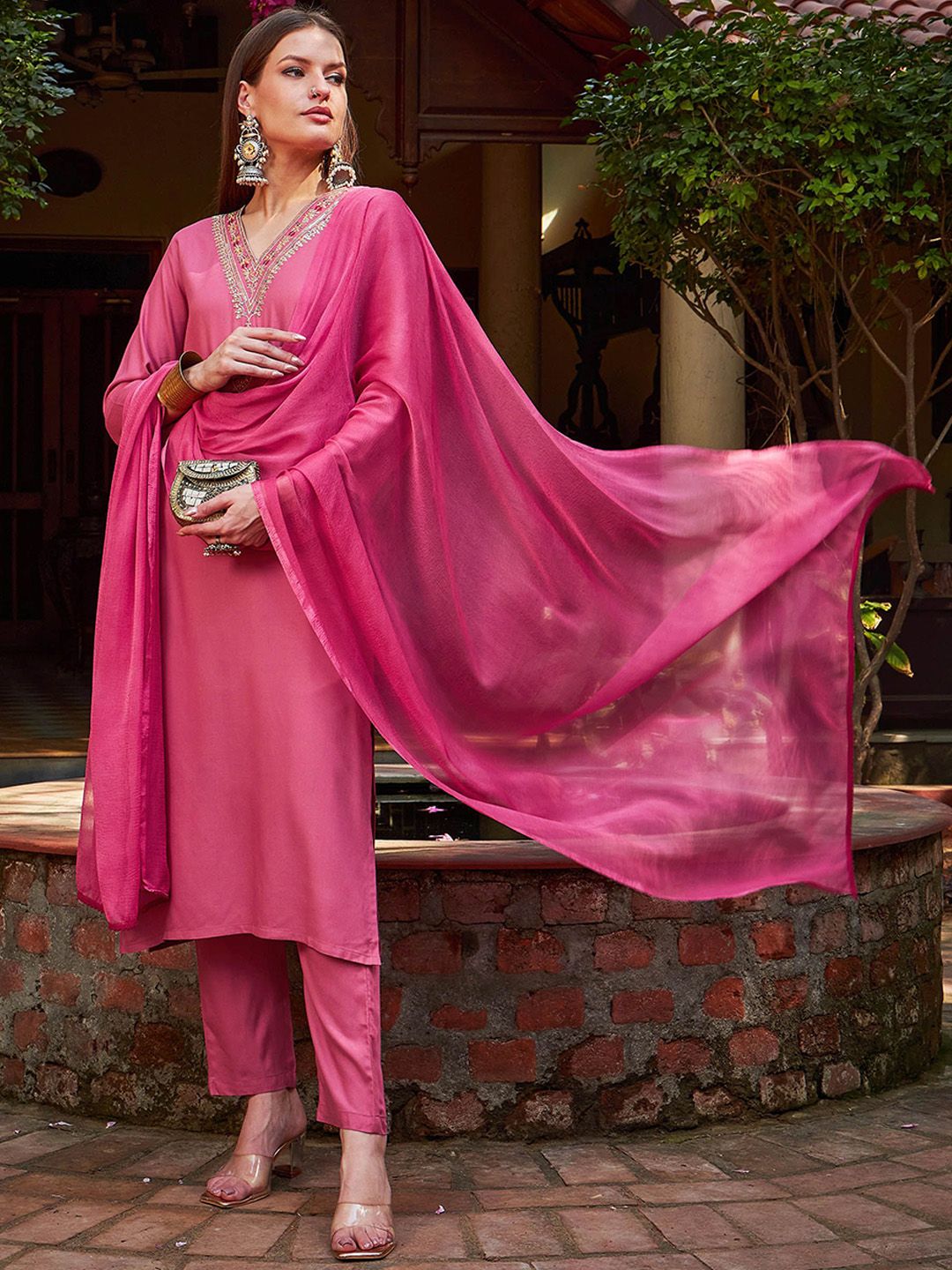 Women Embroidered Palazzos & With Dupatta Kurta Sets
