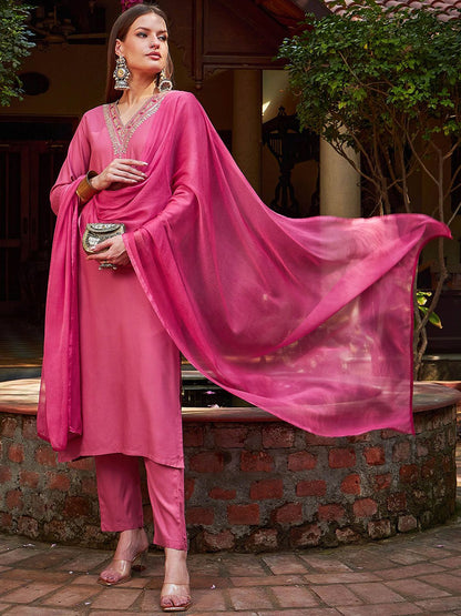 Women Embroidered Palazzos & With Dupatta Kurta Sets