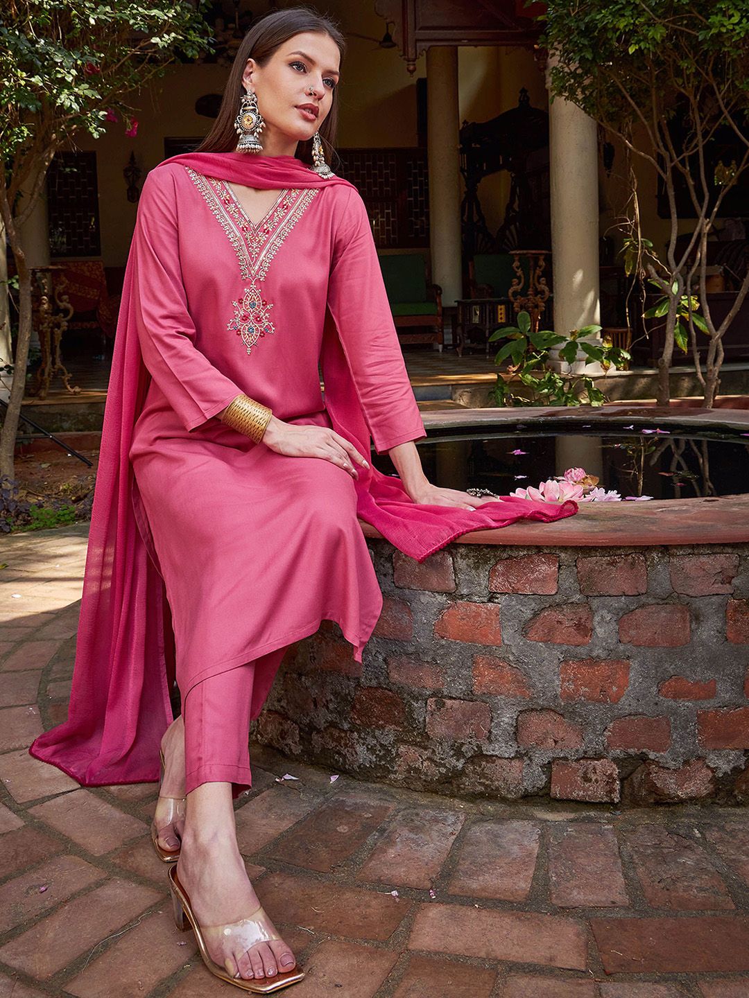 Women Embroidered Palazzos & With Dupatta Kurta Sets