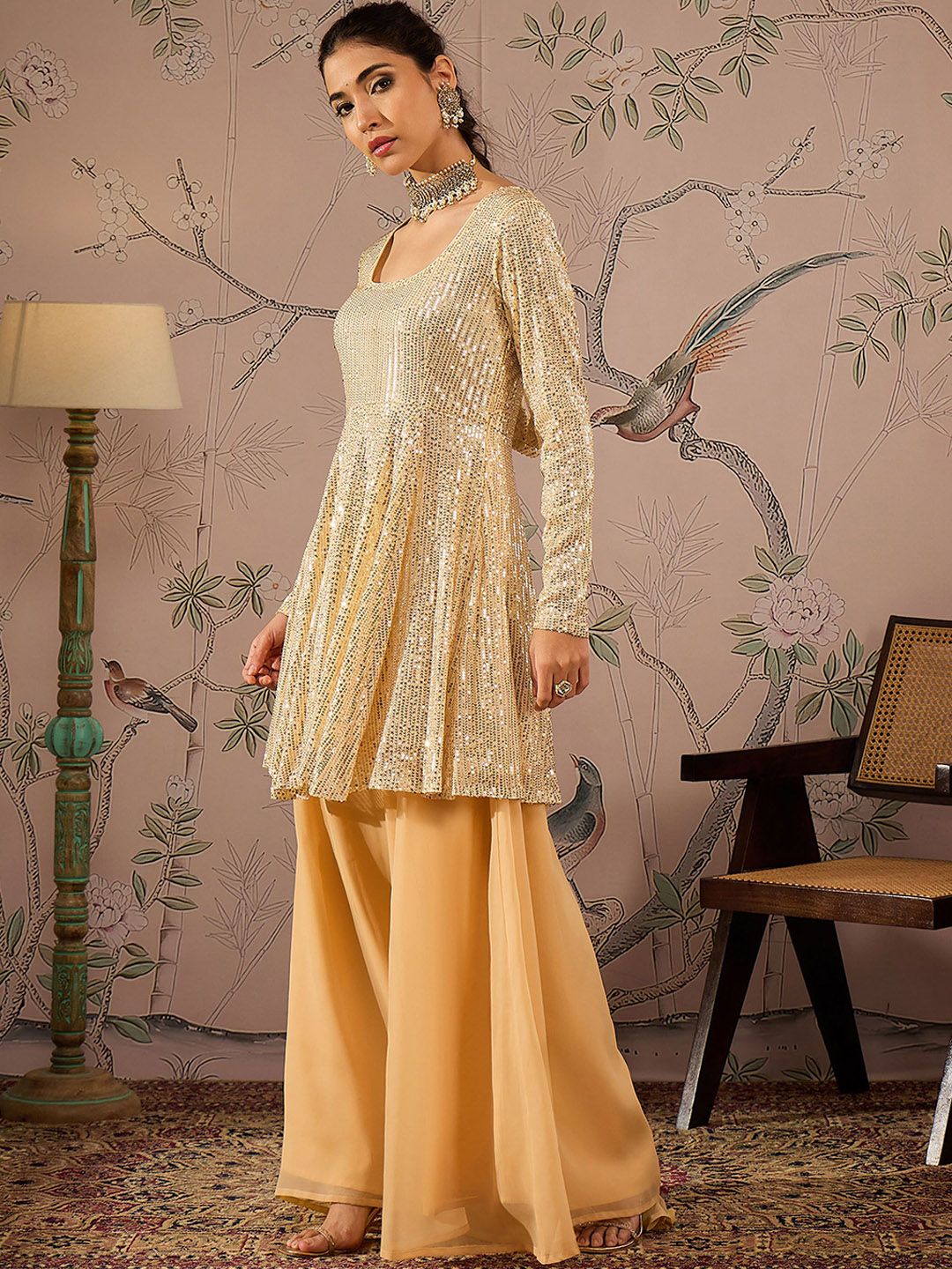 Women Embroidered Regular Sequinned Kurta with Palazzos