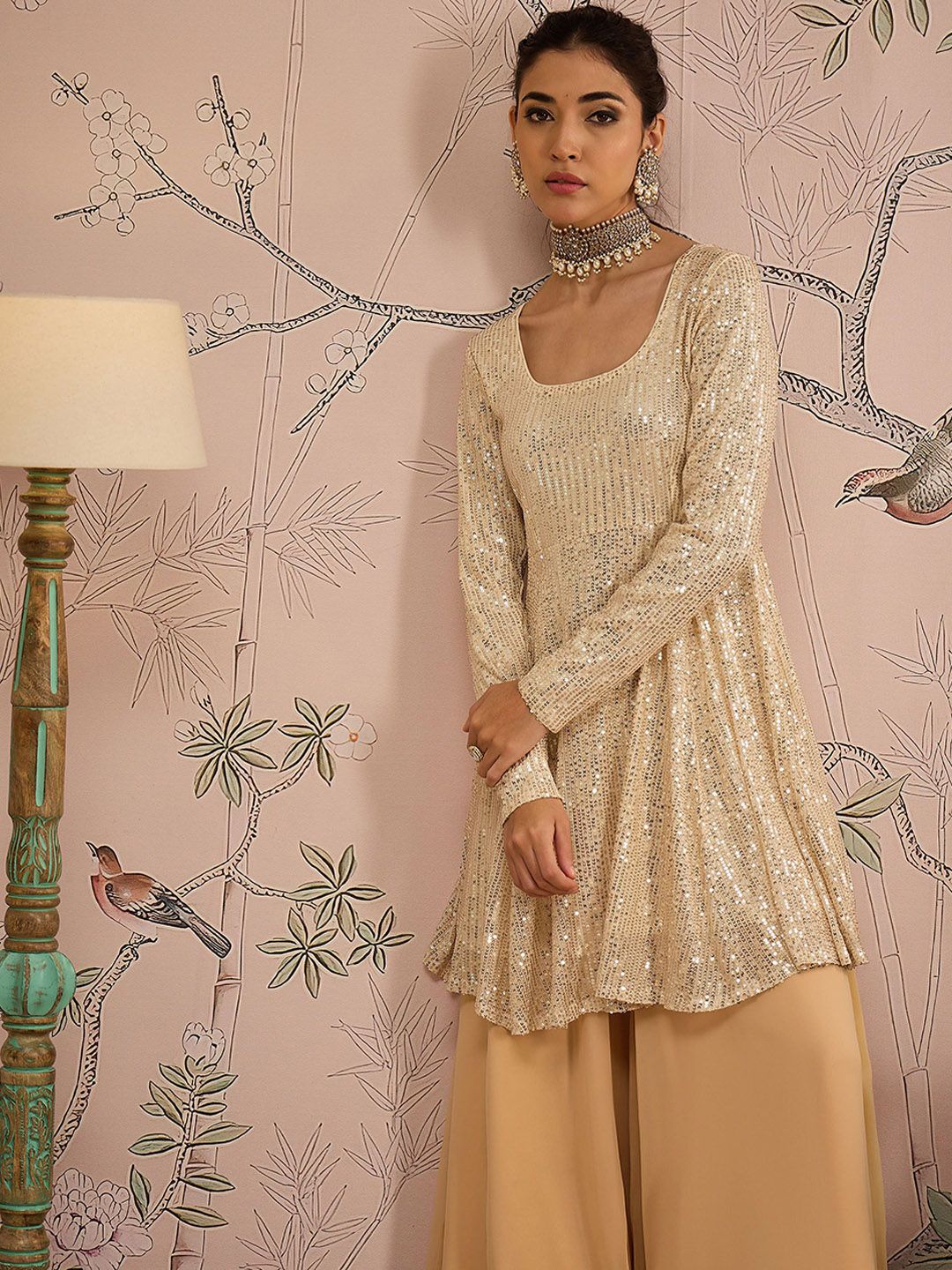 Women Embroidered Regular Sequinned Kurta with Palazzos