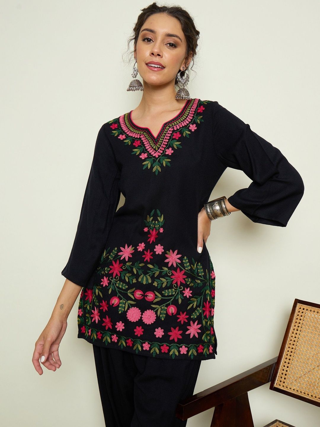 Women Embroidered Regular Thread Work Woollen Kurta with Trousers