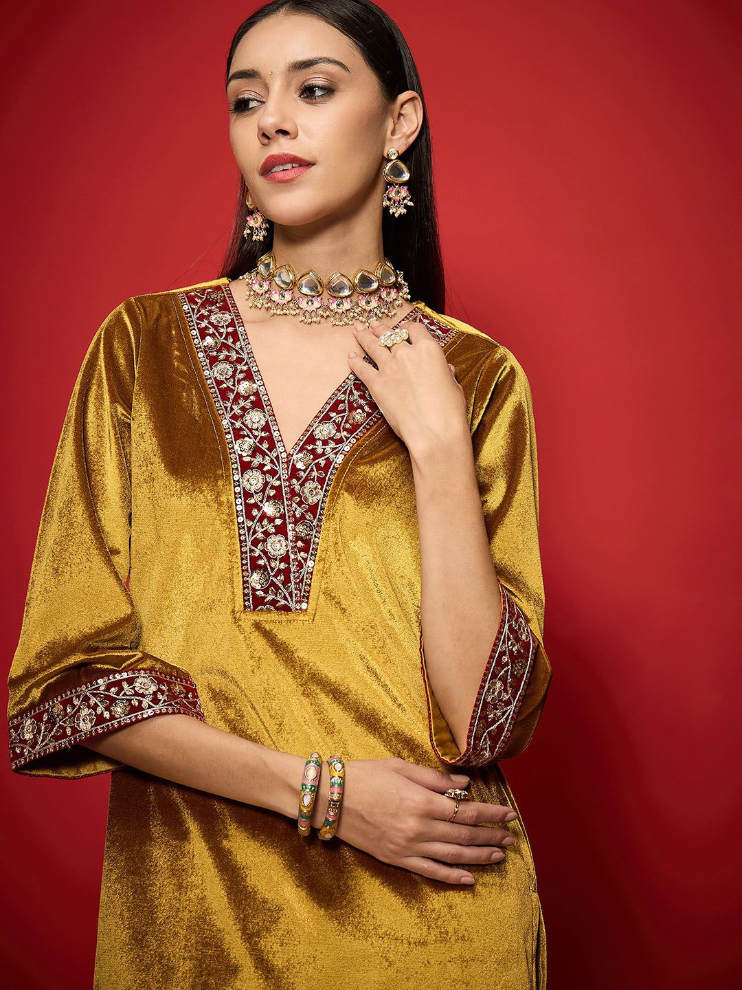 Women Embroidered Regular Velvet Kurta with Palazzos