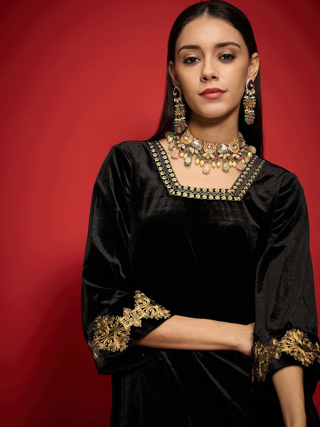 Women Embroidered Regular Velvet Kurta with Palazzos
