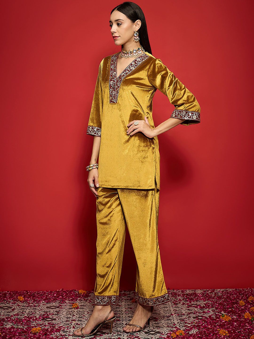 Women Embroidered Regular Velvet Kurta with Palazzos