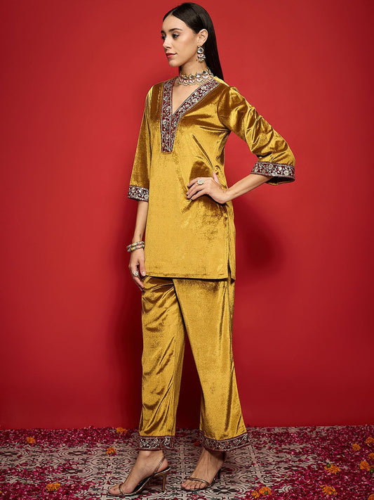 Women Embroidered Regular Velvet Kurta with Palazzos