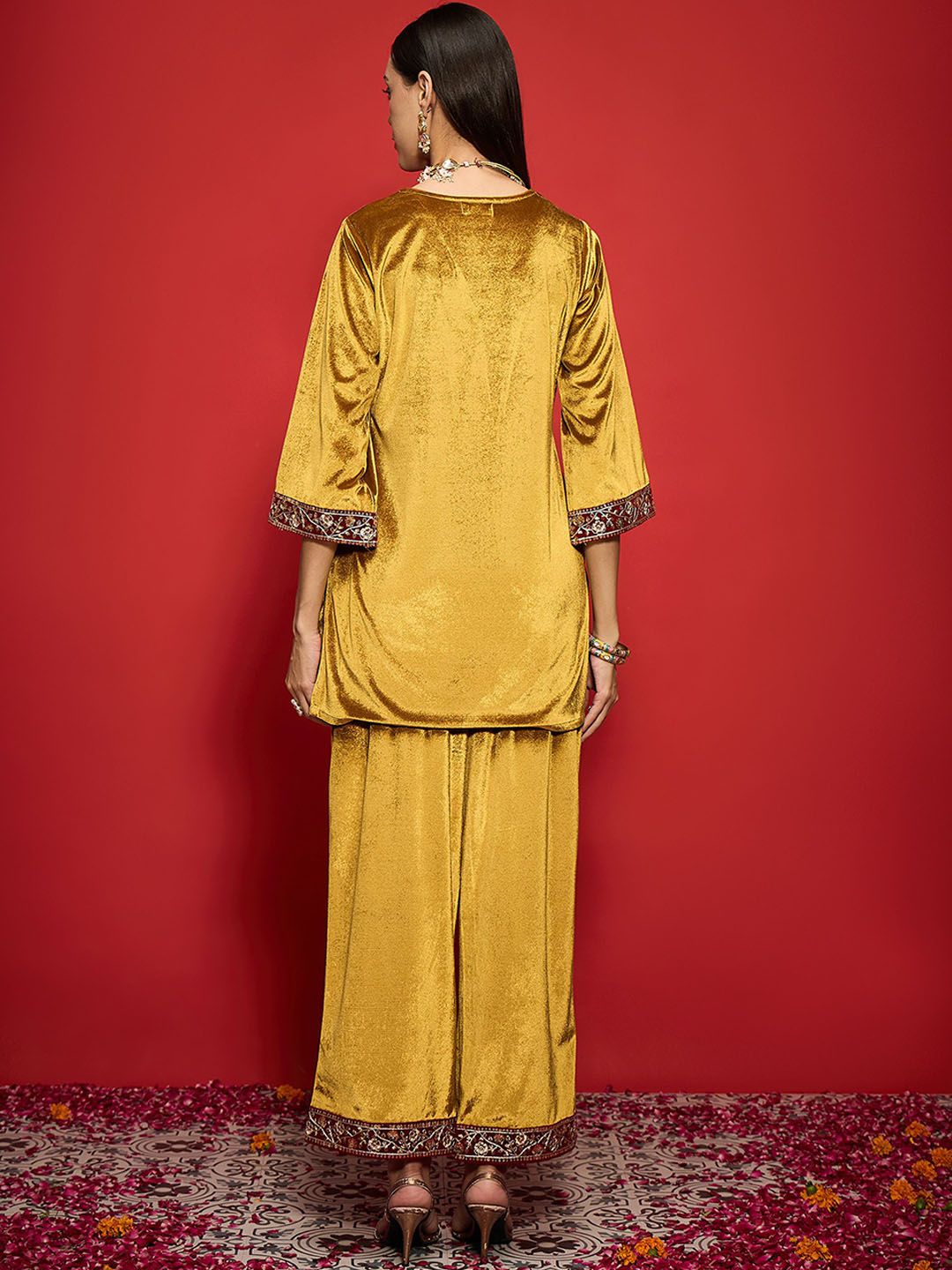 Women Embroidered Regular Velvet Kurta with Palazzos