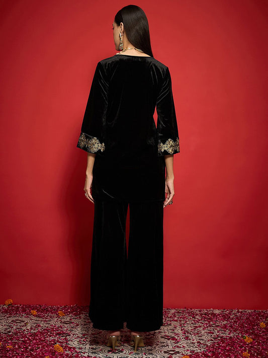 Women Embroidered Regular Velvet Kurta with Palazzos