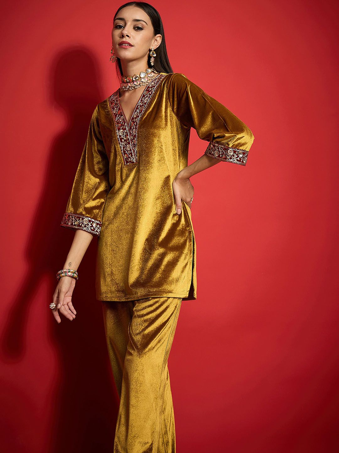 Women Embroidered Regular Velvet Kurta with Palazzos