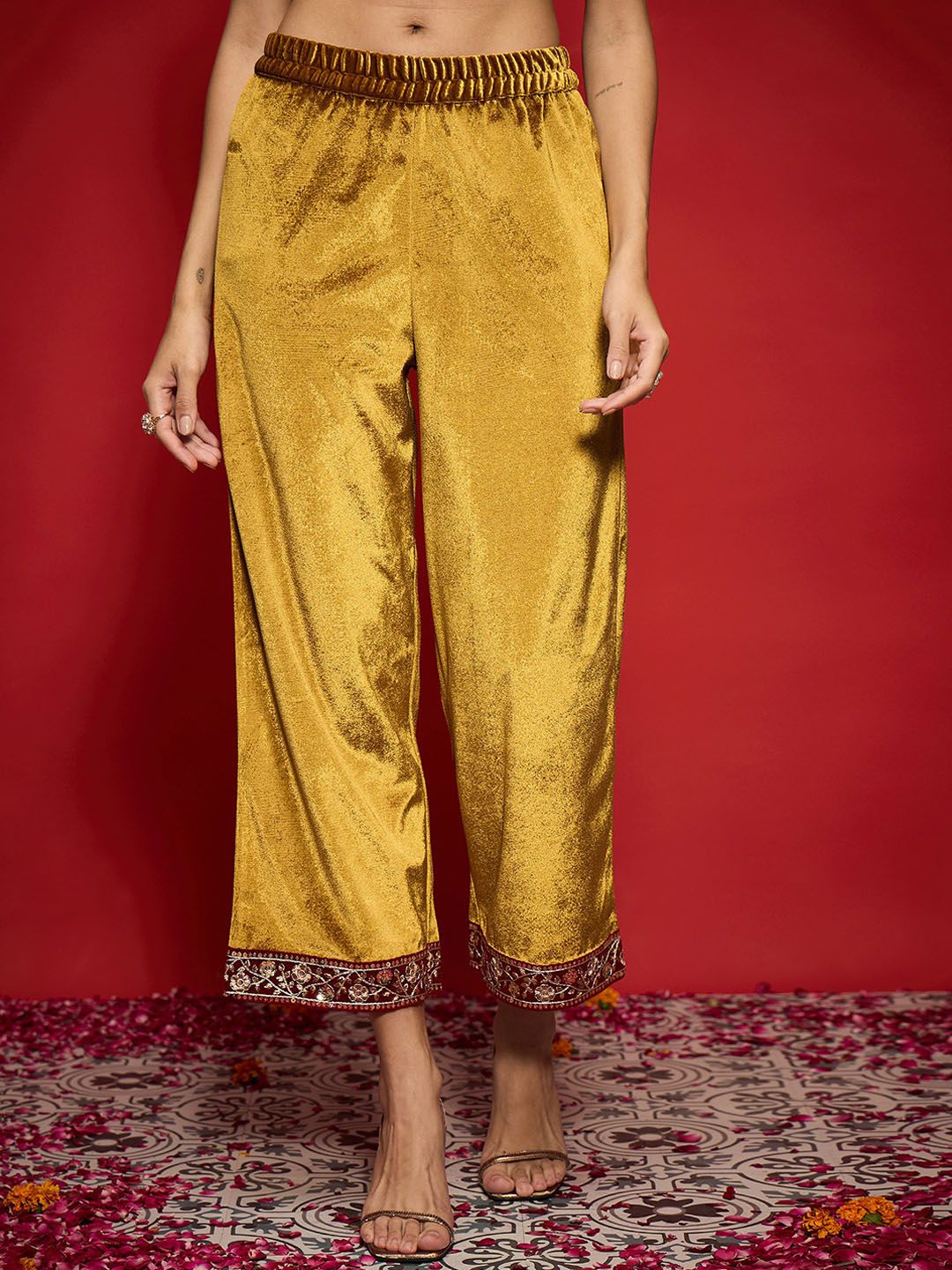 Women Embroidered Regular Velvet Kurta with Palazzos