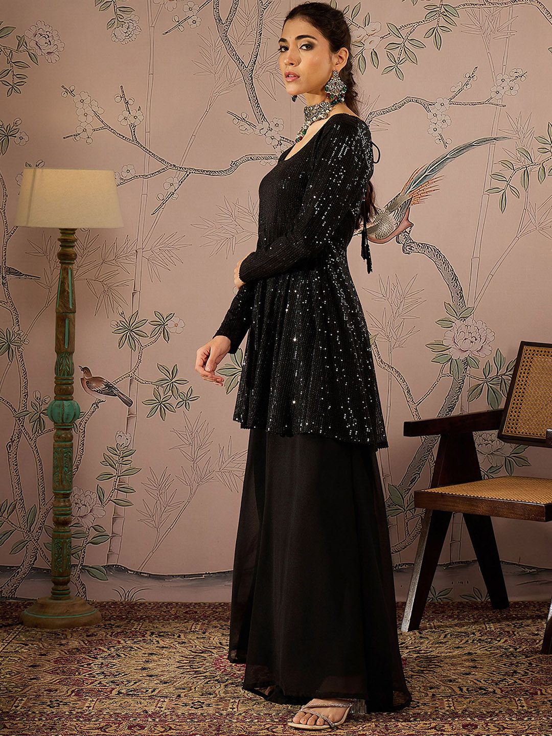 Women Embroidered Sequinned Kurta with Palazzos