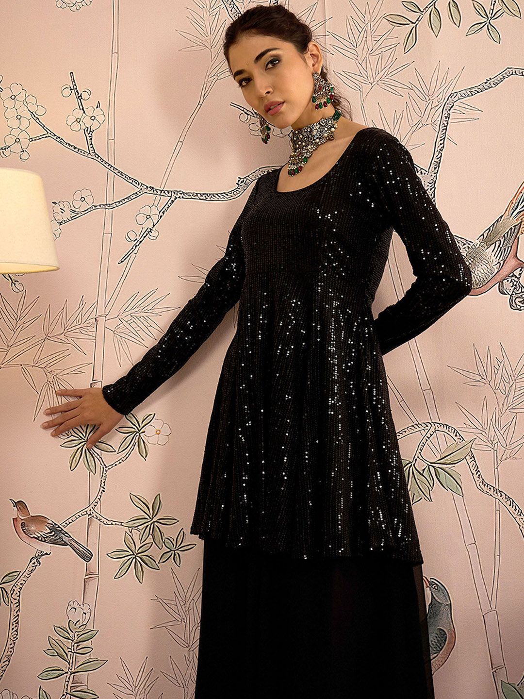 Women Embroidered Sequinned Kurta with Palazzos