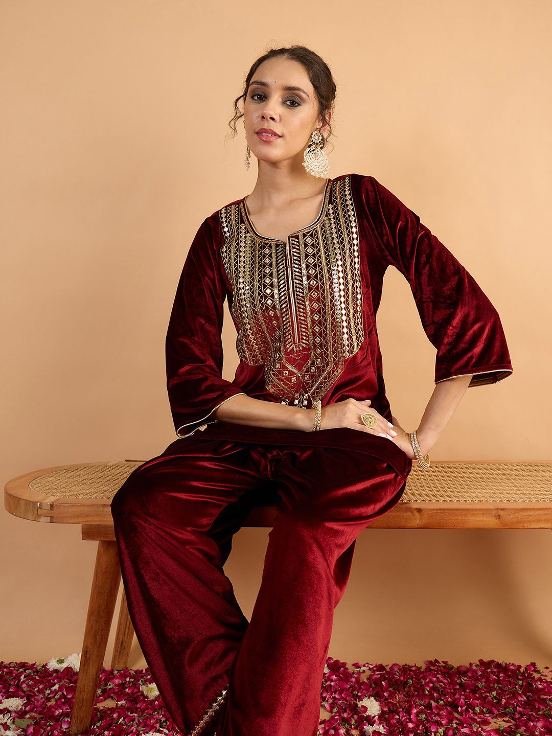 Women Ethnic Motifs Embroidered Above Knee Regular Kurta with Patiala
