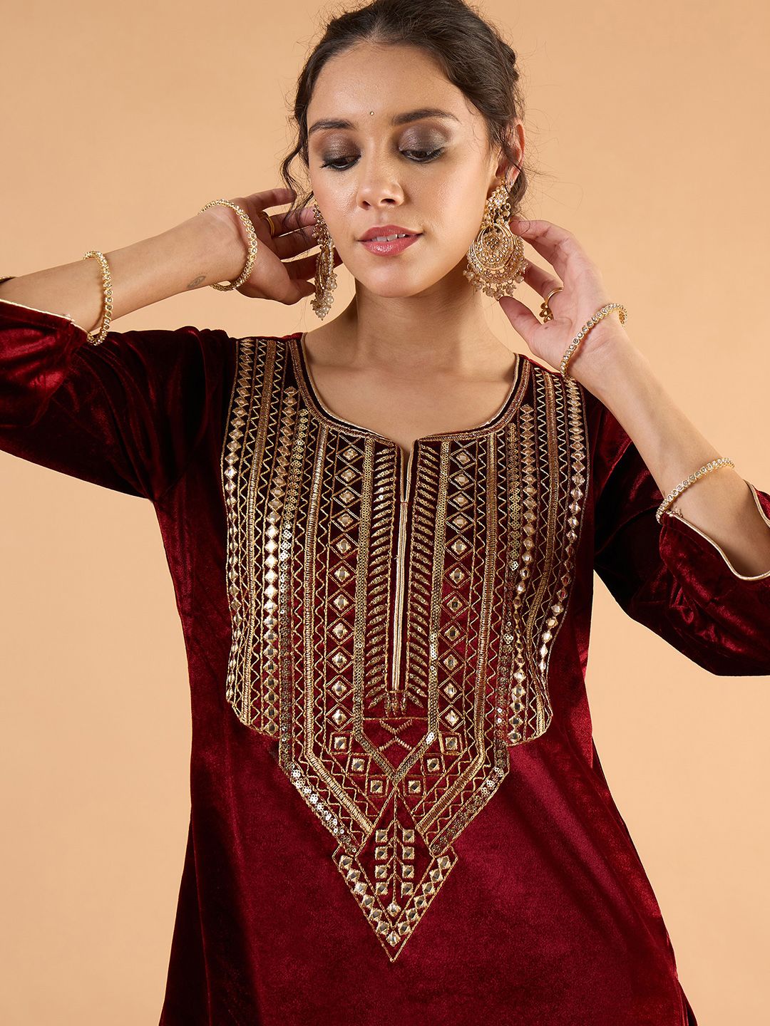 Women Ethnic Motifs Embroidered Above Knee Regular Kurta with Patiala